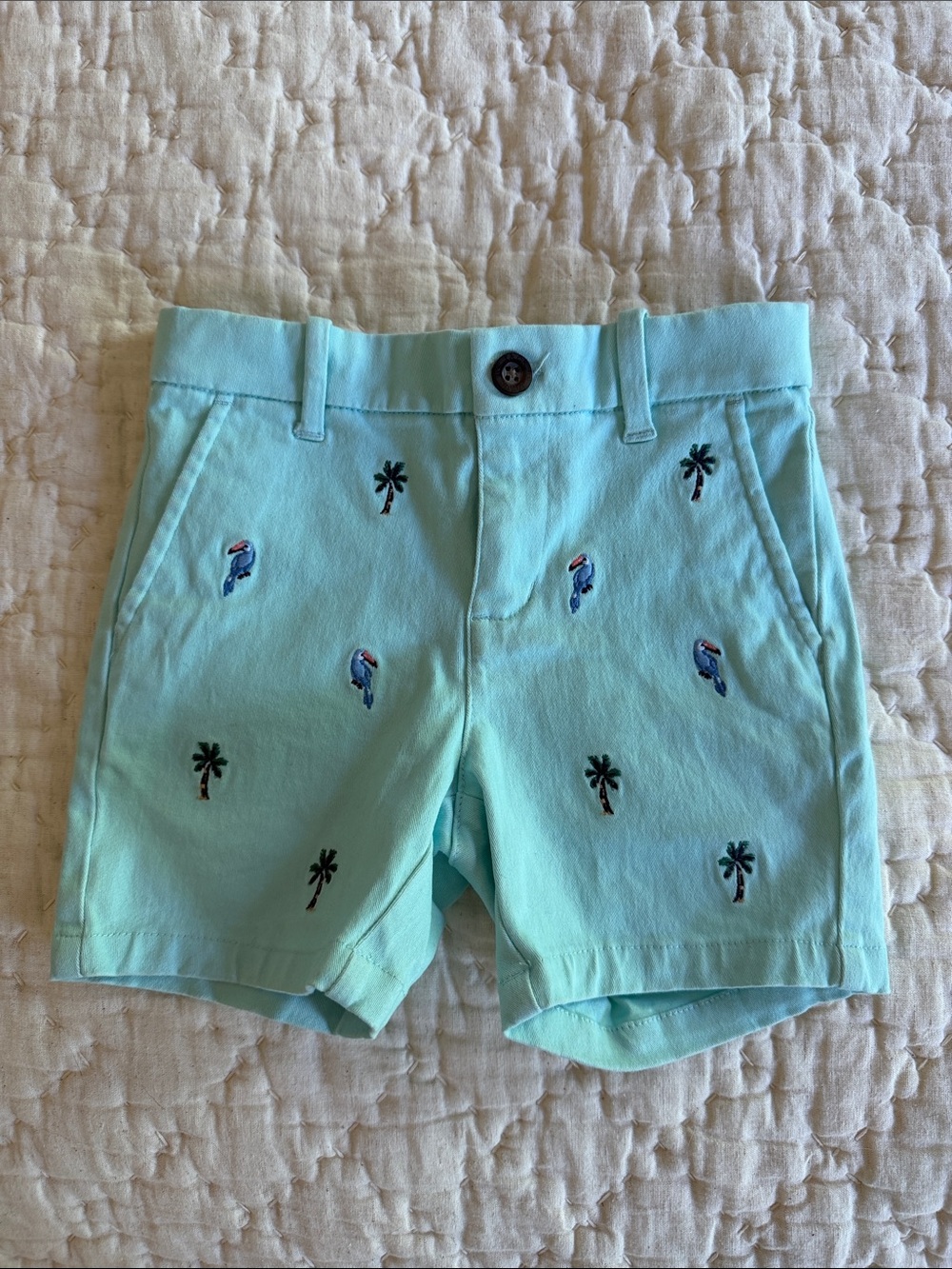 Janie and Jack Turquoise Embroidered Toucan & Palm Shorts